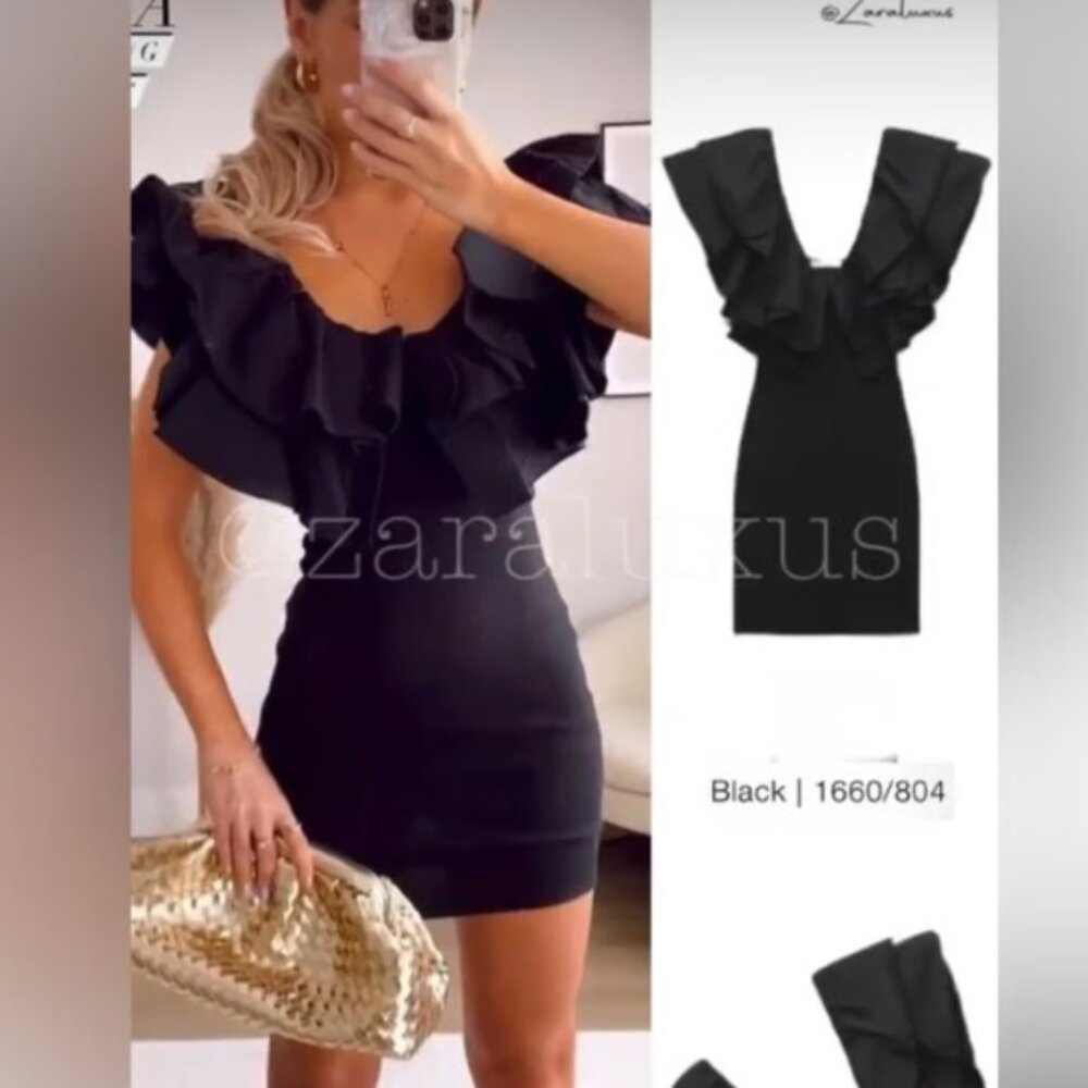 NWT ZARA SHORT FITTED RUFFLED MINI DRESS 1660/804 BLACK COCKTAILPARTY CLUBWEAR M